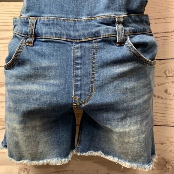 Wild Blue Denim Distressed Overall Bib Shorts - Picture 5 of 9